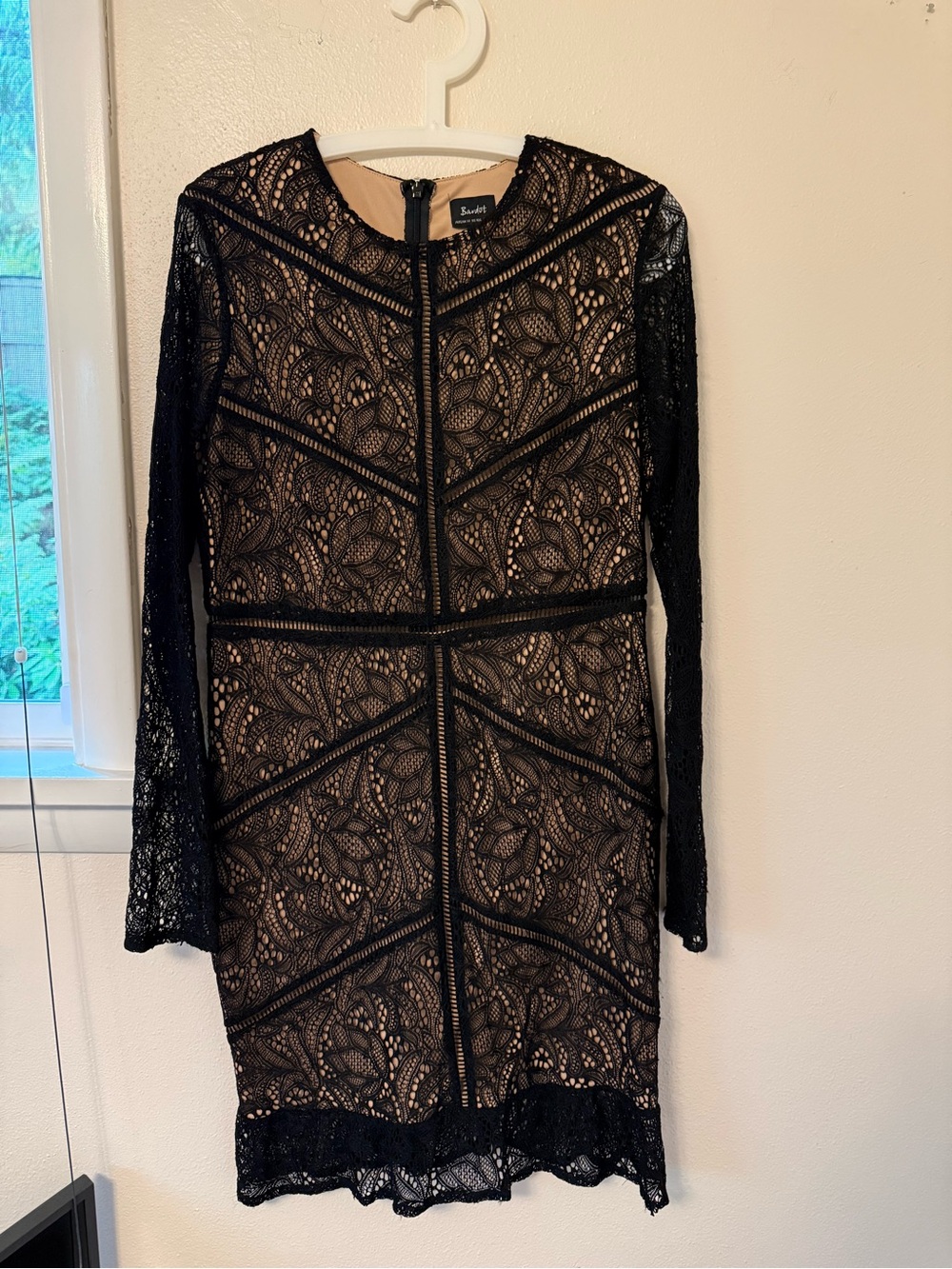 Bardot Black Lace Long-Sleeve Sheath Dress with Nude Underlay